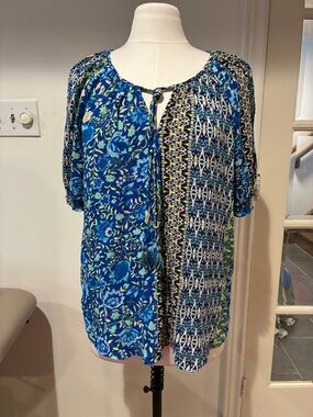 lovestitch Blue Mixed-Print Peasant Tunic with Tassel Tie